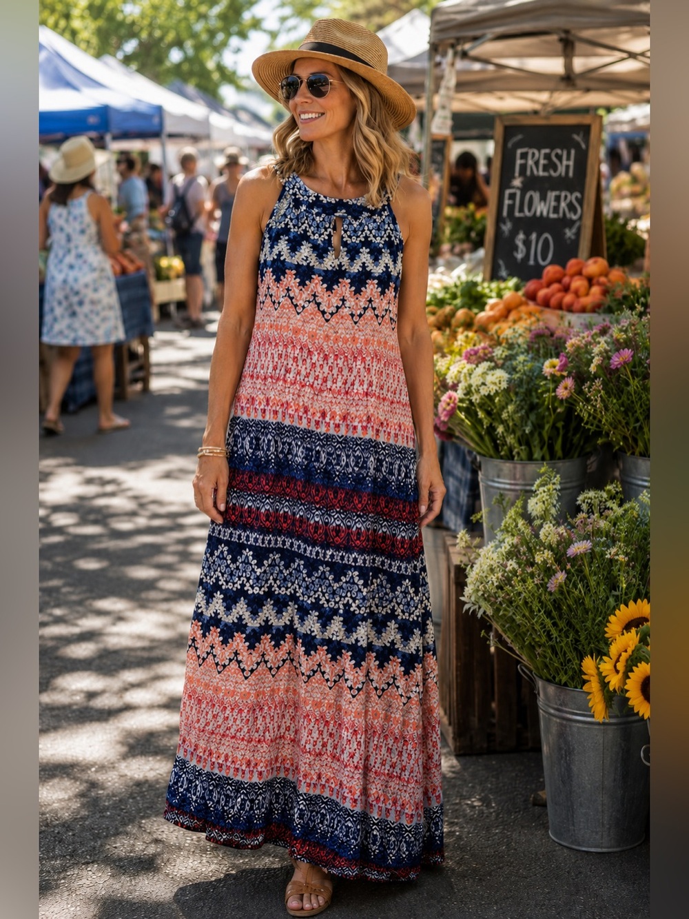 Antthony Sleeveless Boho Print Swing Dress Navy Coral White Keyhole Neck Size L